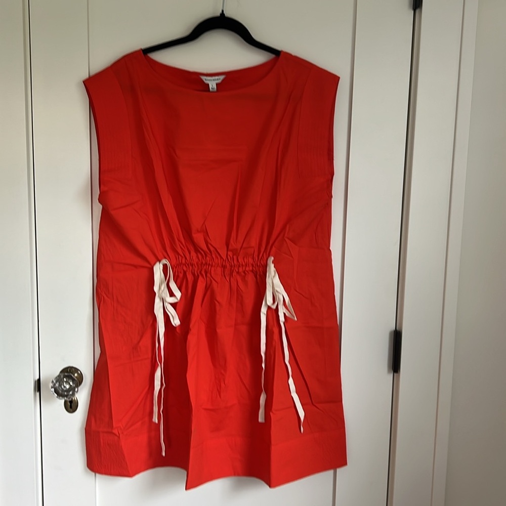 🪅Cotton Poplin red-orange cinch waist cap sleeve Sundress banana republic L - Picture 6 of 8
